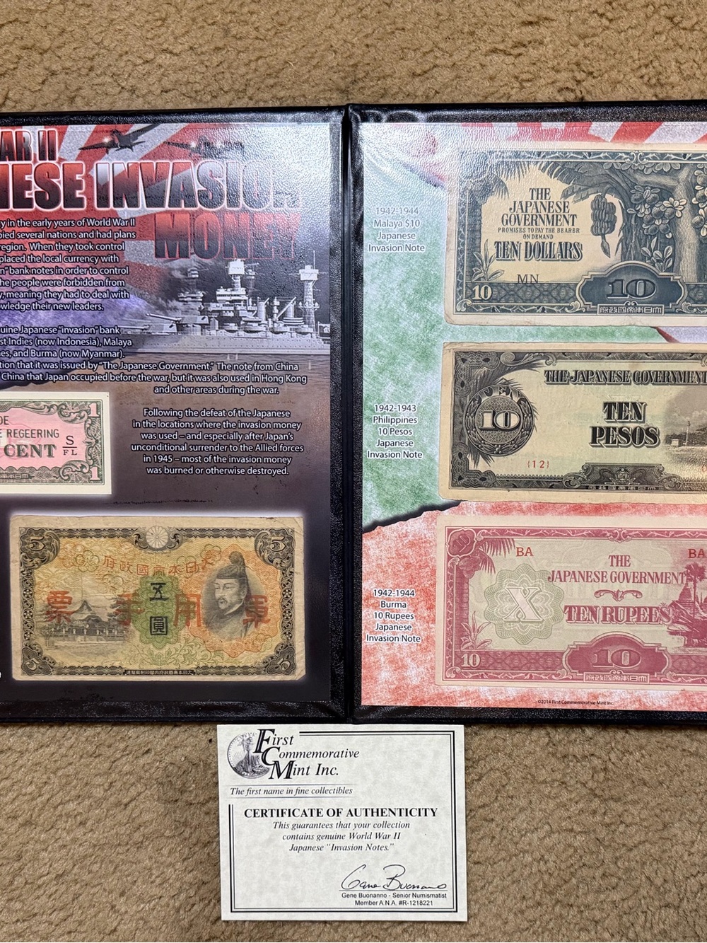 World War II Japanese Invasion Money In Album w/ Certificate of Authenticity